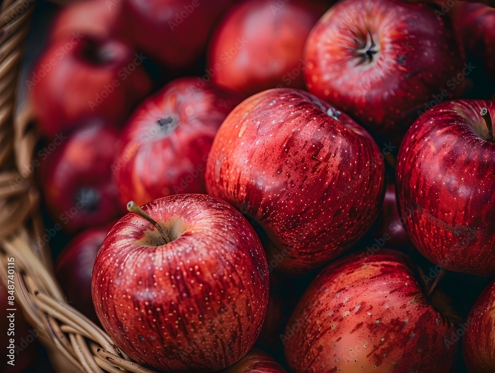 A Bountiful Harvest of Glossy Red Apples Stacked in a Rustic Basket A Bountiful Harvest of Glossy Red Apples Stacked in a Rustic Basket