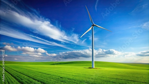 Wind turbine standing tall in a green field with blue sky background, renewable energy, wind power