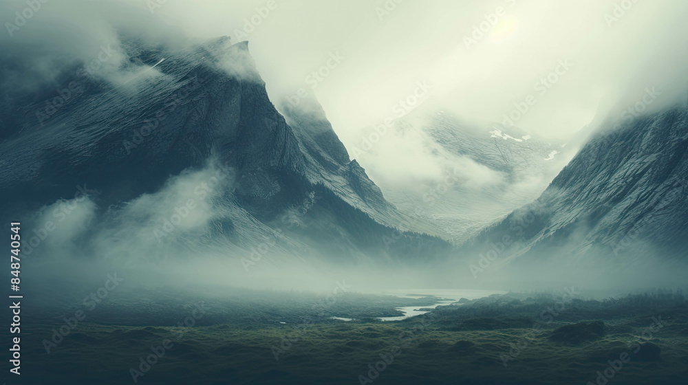 A serene scene of dusk mountain ranges covered in dense fog creates a peaceful and mystical atmosphere A serene scene of dusk mountain ranges covered in dense fog creates a peaceful and mystical atmosphere