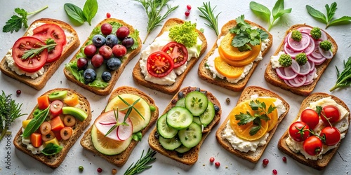 of various types of toast food with delicious toppings, toast, food, breakfast, brunch, bakery, sliced, bread, cheese, avocado