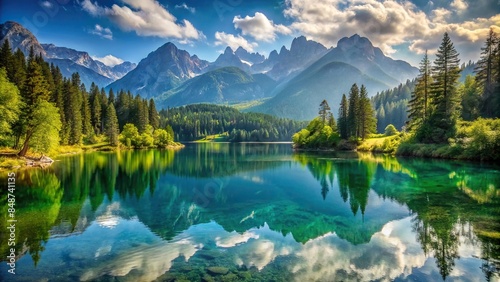Scenic landscape of a serene lake surrounded by majestic mountains and lush greenery, lake, mountain, water, landscape