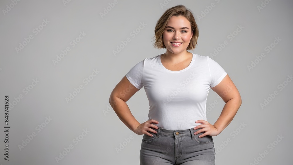 Plus size young woman with short hair wearing white t-shirt and grey jeans isolated on grey background Plus size young woman with short hair wearing white t-shirt and grey jeans isolated on grey background