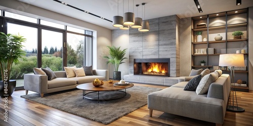 Modern living room with a cozy fireplace perfect for relaxing and entertaining, modern, living room