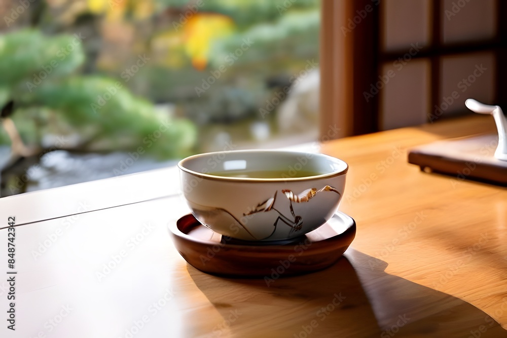 Cups for drinking tea and coffee on a wooden table in the morning, Japanese lifestyle. Cups for drinking tea and coffee on a wooden table in the morning, Japanese lifestyle.