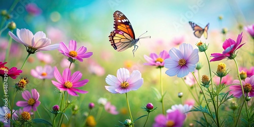 Macro photograph of vibrant cosmos flowers and delicate butterflies in a meadow setting , wildflowers, nature, summer, colorful photo