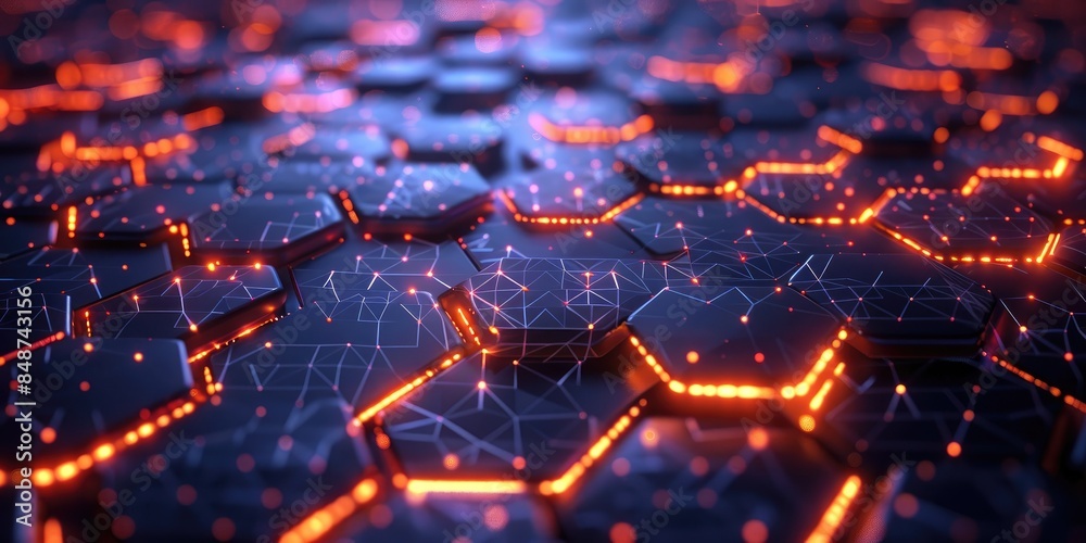 Cutting-edge digital interface featuring a seamless pattern of interconnected hexagons, illuminated by soft, glowing lights, and forming a complex geometric network Cutting-edge digital interface featuring a seamless pattern of interconnected hexagons, illuminated by soft, glowing lights, and forming a complex geometric network