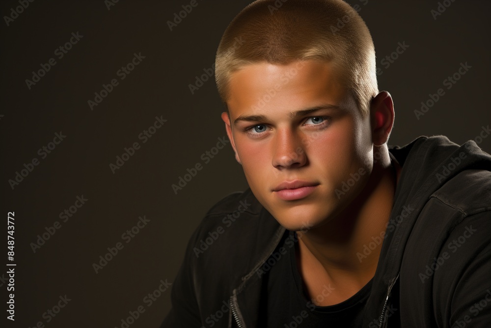Obraz premium A young man with a shaved head and a black hoodie