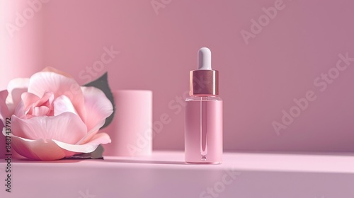 Elegant matte bottle with dropper for organic rose oil or serum on soft pastel backdrop with room for text © TheWaterMeloonProjec