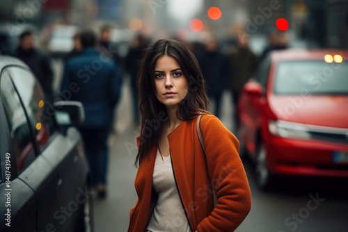 A woman in an orange coat stands in the street in front of a red car © Juan Hernandez