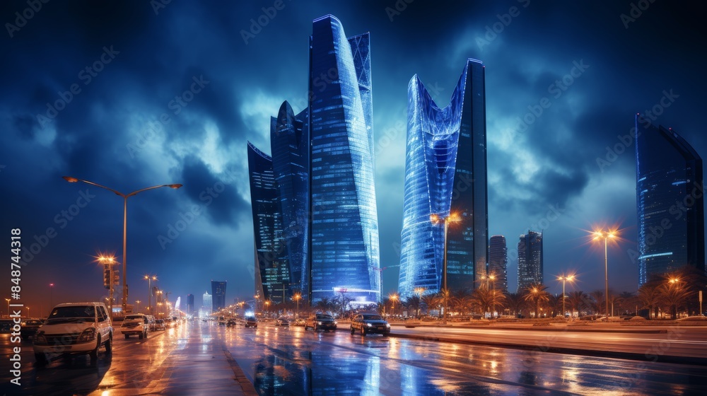 Obraz premium Kafd buildings shining brightly during riyadh s picturesque blue hour in saudi arabia