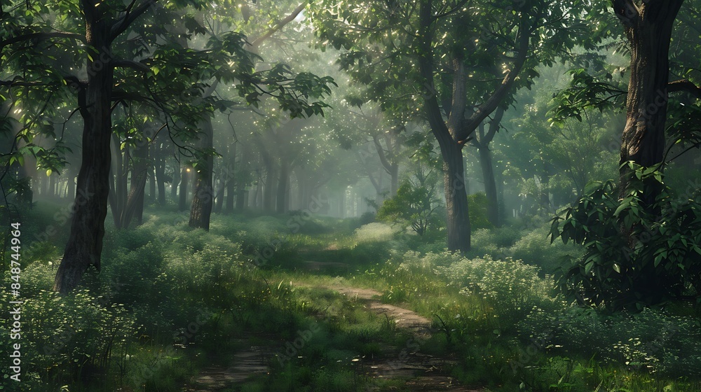 A tranquil forest with a path leading through it A tranquil forest with a path leading through it