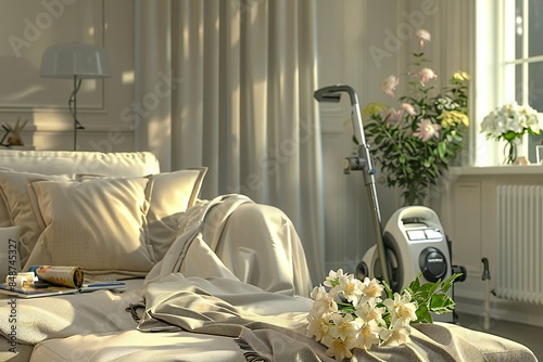 Close up  of a tidy living room with a vacuum cleaner in the corner and fresh flowers on the table, , created by ai photo