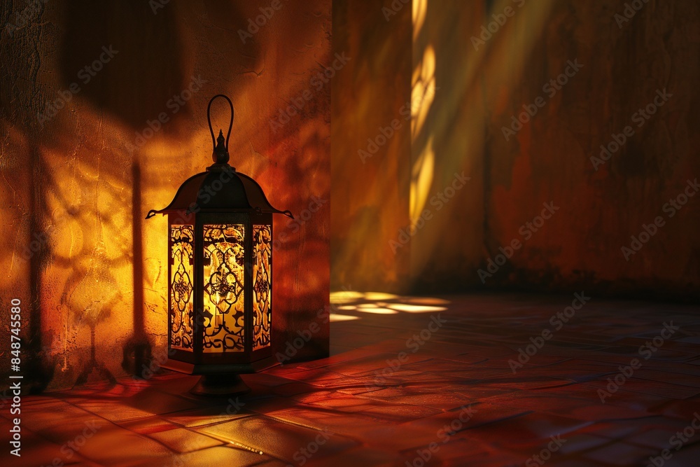 Close up of a traditional Arabic lantern casting shadows in a dimly lit room , created by ai Close up of a traditional Arabic lantern casting shadows in a dimly lit room , created by ai