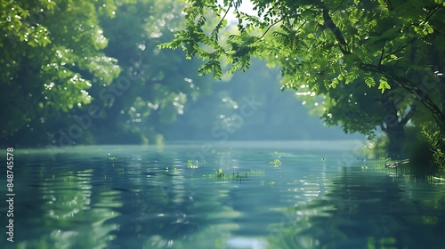  A tranquil lake surrounded by lush green trees