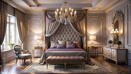 Luxurious dream bedroom with chandelier, canopy bed, and velvet accents, luxury, dream, bedroom, chandelier, canopy bed © surapong