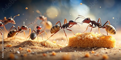 Ant Squad working together to move food particles, teamwork, ants, colony, cooperation, teamwork, unity photo