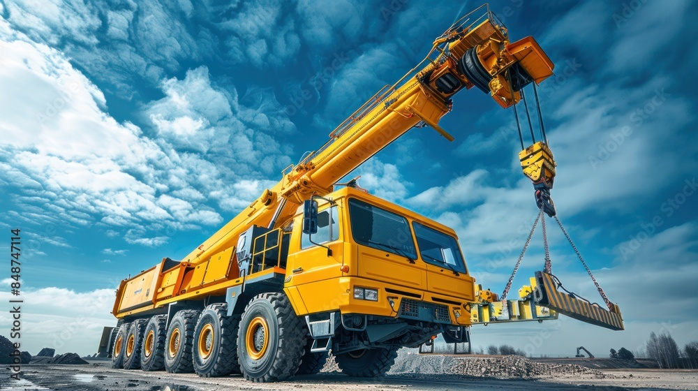 An automobile crane with a telescopic boom is set outdoor under a blue sky An automobile crane with a telescopic boom is set outdoor under a blue sky