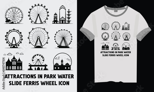 Amusement park silhouette. Attractions festive park carousel and ferris wheel.
