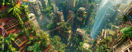 A tilted angle view of a fantasy world blending urban exploration photo