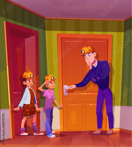 Father and kids playing at home. Vector cartoon illustration of dad and children enjoying hide and seek game together, hiding in house corridor with doors, wearing helmets with head lamps, family fun
