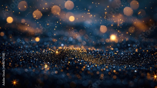 An abstract background with gold stars and particles on navy blue. A bokeh of golden light particles on a navy blue background for Christmas. Gold foil texture. photo