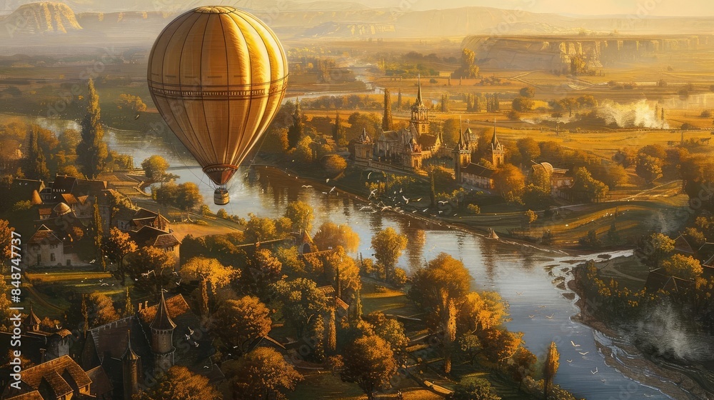 Obraz premium An oil painting depicting a hot air balloon adventure from a birds-eye view