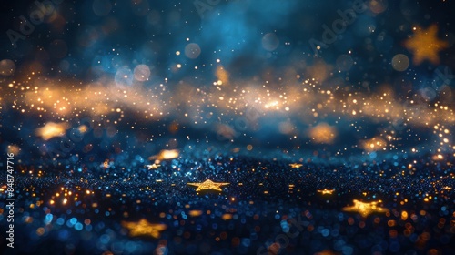 An abstract background with gold stars and particles on navy blue. A bokeh of golden light particles on a navy blue background for Christmas. Gold foil texture. © sirisakboakaew