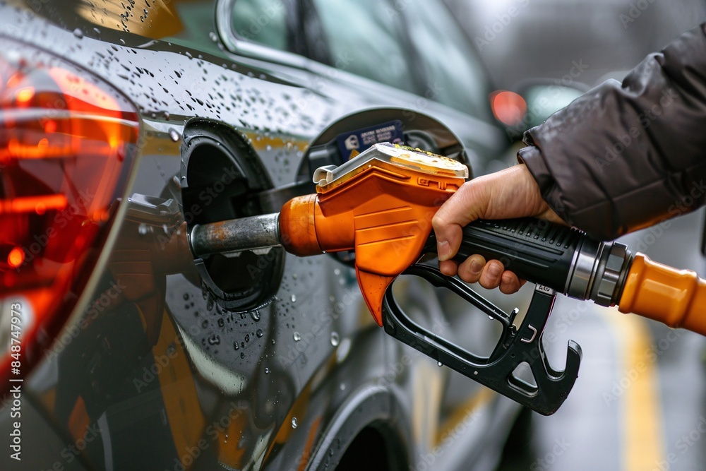 Detailed capture of motorist's hand refueling luxury petrol at self-serve gas station in European location. Premium image. Detailed capture of motorist's hand refueling luxury petrol at self-serve gas station in European location. Premium image.