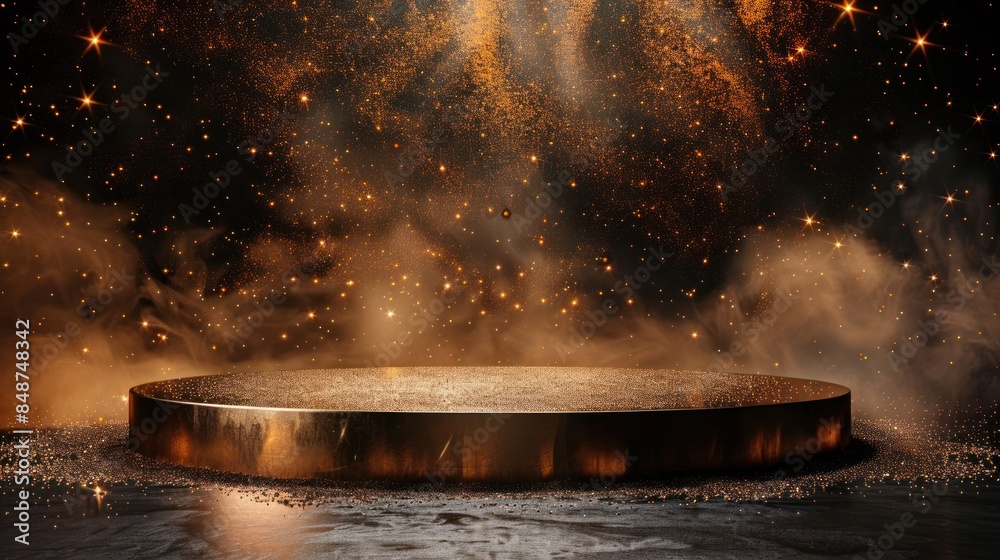 Obraz premium Black background with an abstract golden podium with sparkly accents. Stylish, modern, and futuristic design. Web Design, Digital Art, and Branding