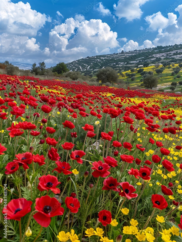 Obraz premium Vibrant display of crimson anemones and golden daisies on the southern edge of Israel, ideal for a tranquil spring picnic in beautiful conditions.
