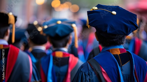 During a graduation ceremony, students typically wear academic regalia, including caps, gowns, and hoods that symbolize their academic achievements and fields of study, photo