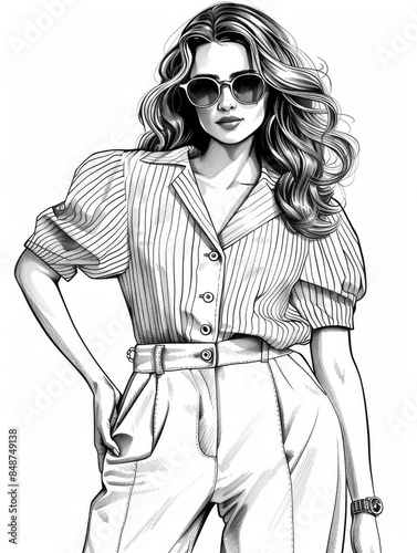 Black and white drawing of a stylish woman wearing sunglasses, a striped shirt, and belted trousers, with wavy hair cascading over her shoulders.
