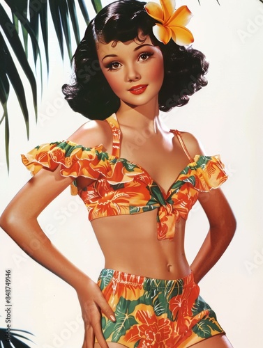 Retro-style drawing of a woman in Hawaii with a flower in her dark, wavy hair, wearing a colorful floral crop top and matching high-waisted shorts, standing against a tropical background.