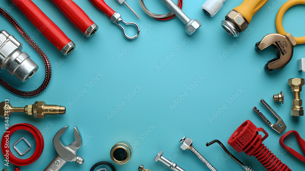 plumbing tools and equipment on blue background with copy space plumbing tools and equipment on blue background with copy space