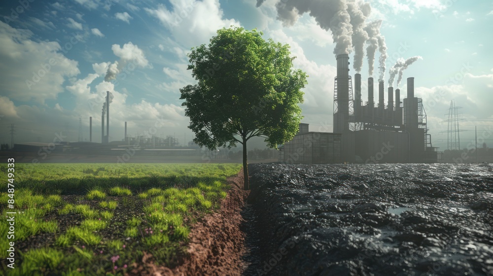 © sirisakboakaew - An illustration illustrating a green tree and meadow with clear air in comparison to a factory emitting pollution and its impact on climate change.