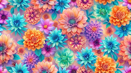Seamless flower pattern in bright iridescent hues of warm apricot, aquamarine, magenta, and purple, floral, blooms