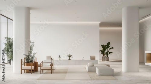a sleek and minimalist lounge area embodying the essence of contemporary design, with sparse furnishings set against a backdrop of pure white walls © Goeth