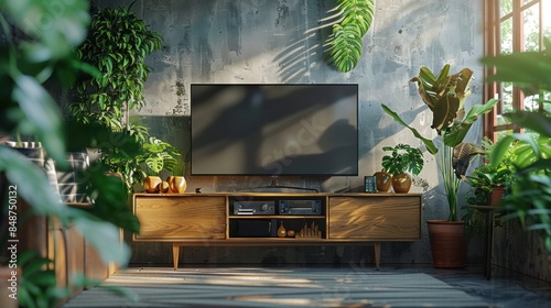 Contemporary Home Entertainment Space. A modern living room design featuring a TV, sleek entertainment unit, and decorative plants for a relaxing ambiance. Home Entertainment concept © sirisakboakaew