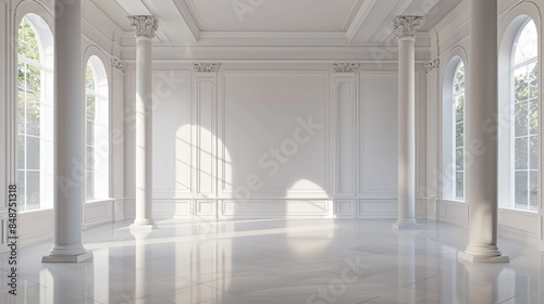 Minimalistic gallery interior with blank wall and columns. Museum and art concept. Mock up, 3D Rendering © sumaira