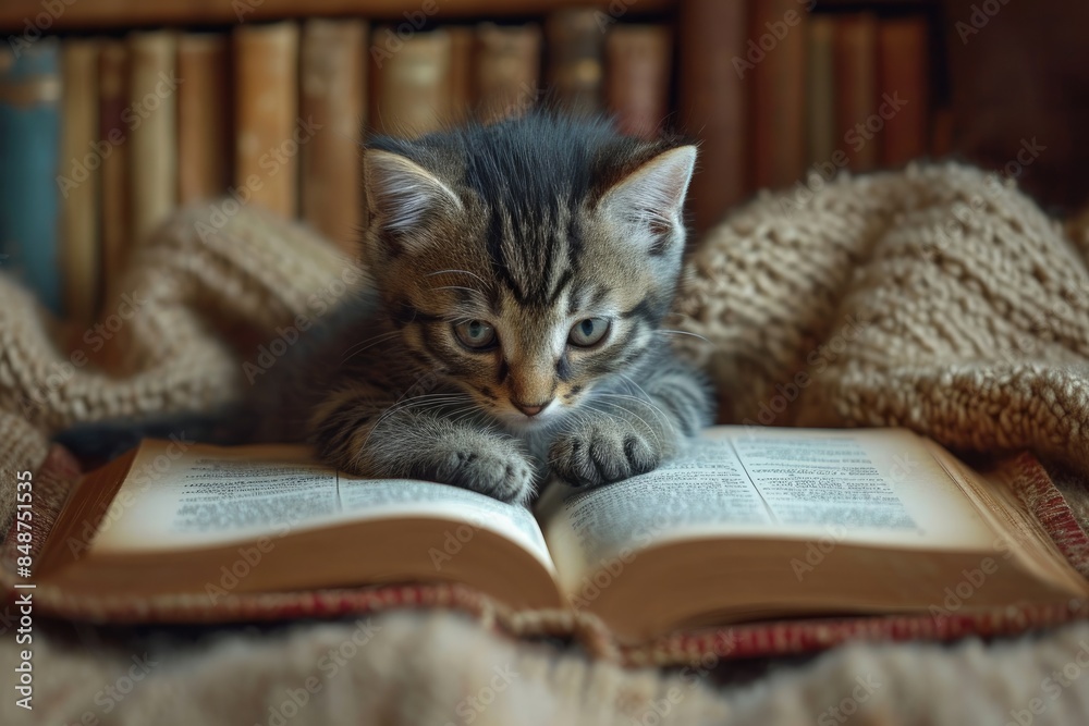 A cute little kitten sits on an open book and reads. Pet child is learning. Concept lessons children, science education. A cute little kitten sits on an open book and reads. Pet child is learning. Concept lessons children, science education.