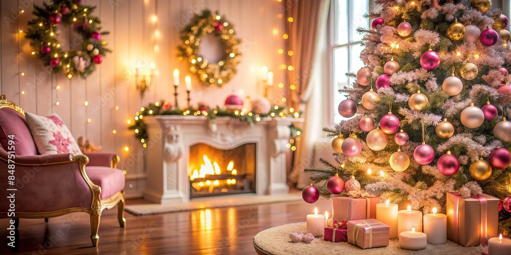 Pink and gold Christmas decor in living room with blurred fireplace background and bokeh lights, Pink, gold
