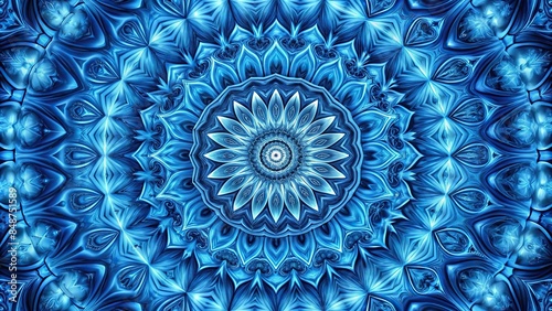 Blue mandala concentric flower center kaleidoscope isolated on dark background, crystal systematic art design pattern photo