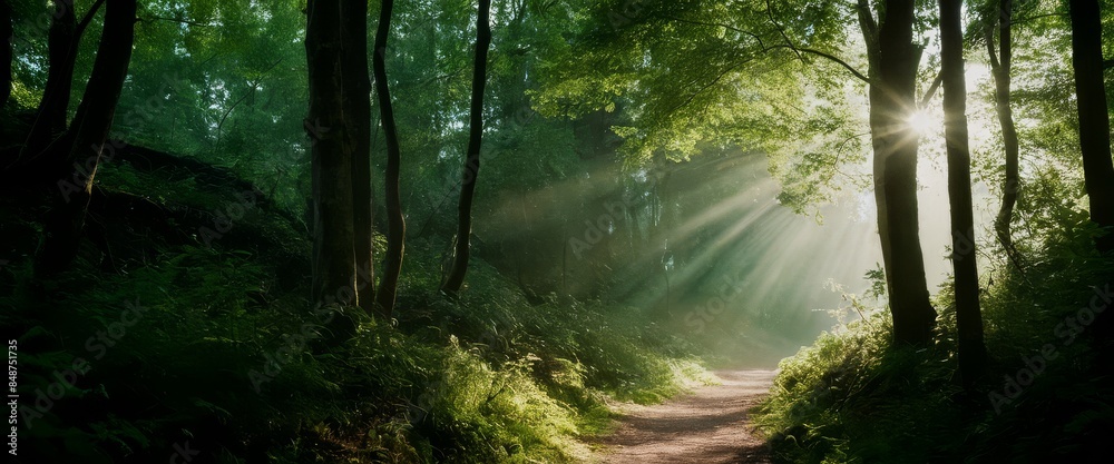 Fototapeta premium Mystical forest path bathed in warm dappled sunlight