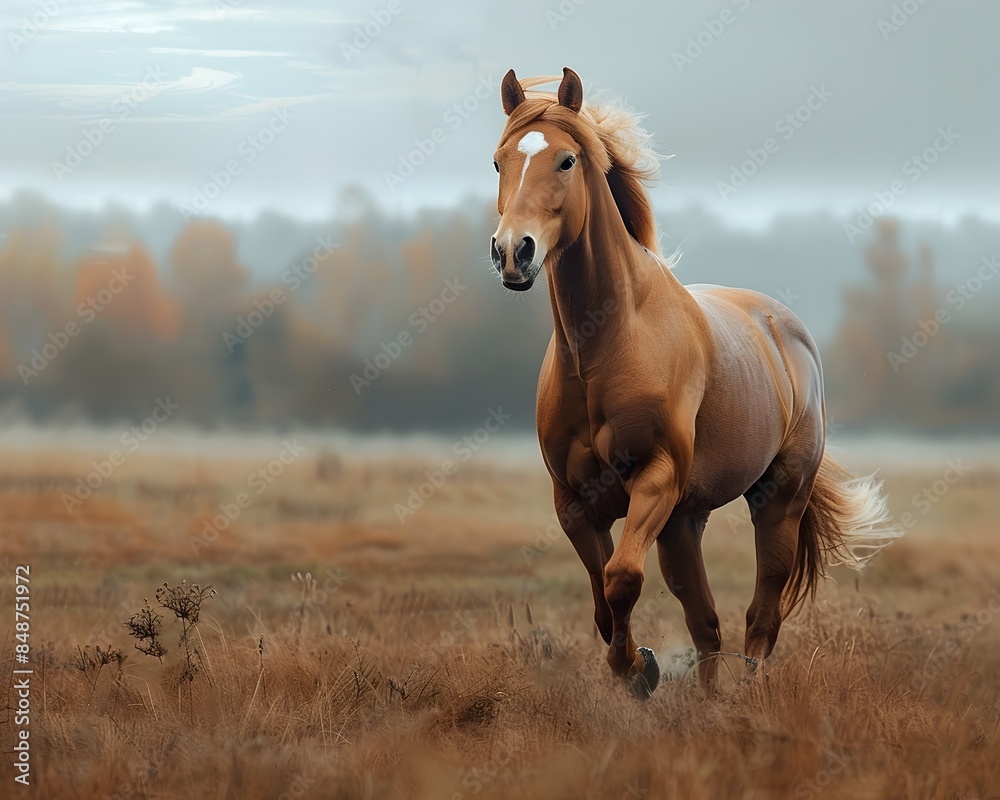 Magnificent Horse Galloping Through Autumn Field Mane Flowing in Wind Magnificent Horse Galloping Through Autumn Field Mane Flowing in Wind