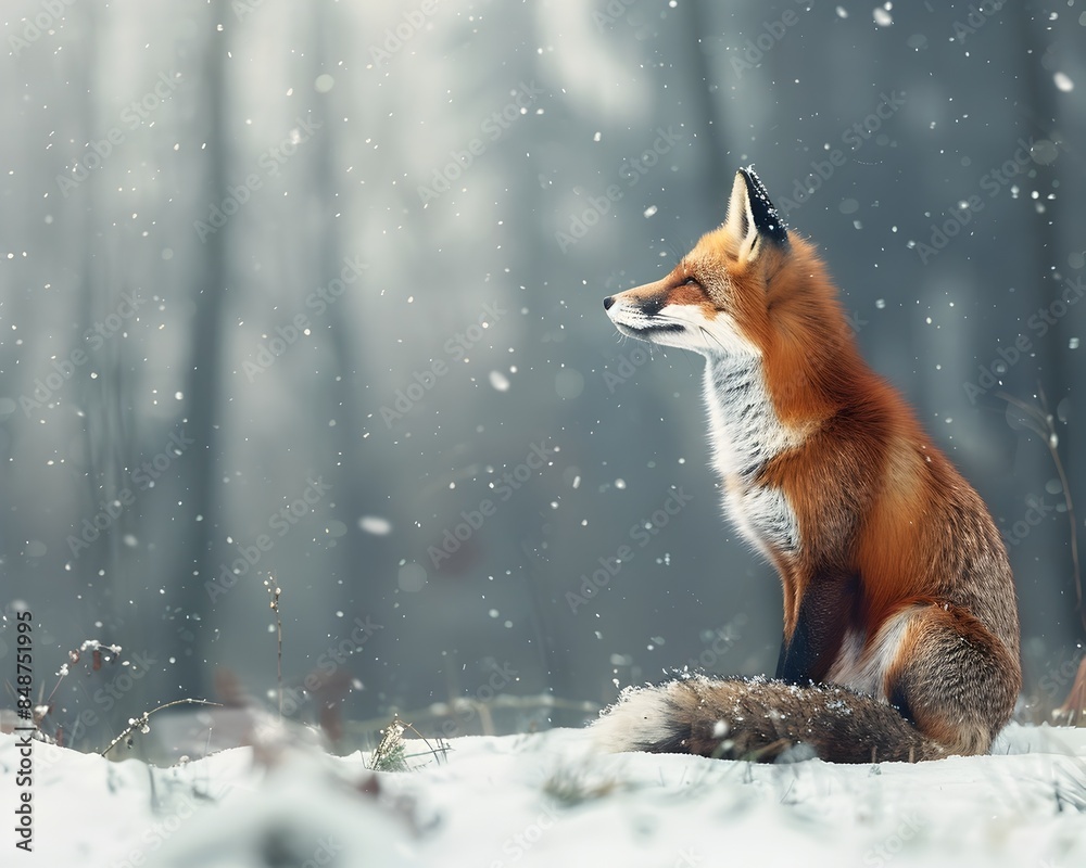 Serene Red Fox Sitting in Snowy Winter Forest with Soft Snowfall