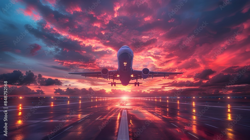Sleek Passenger Jet Taking Off at Vibrant Sunset Amid Dramatic Skies Sleek Passenger Jet Taking Off at Vibrant Sunset Amid Dramatic Skies