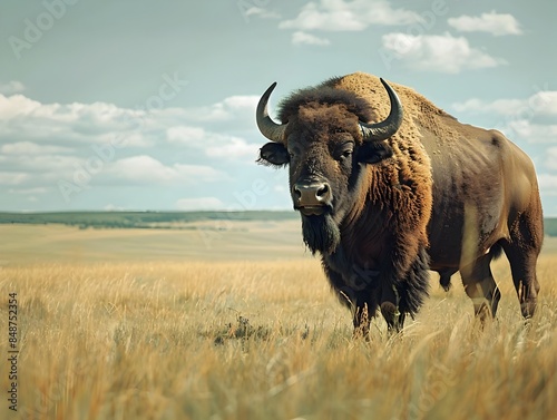 Majestic Buffalo Standing Proudly in Prairie Landscape with Distant Hills and Wide Sky