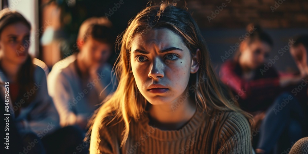 Distraught female attending group counseling. Distraught female attending group counseling.