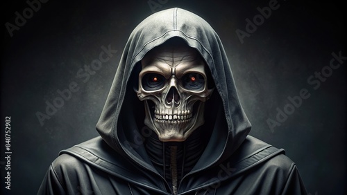 Photorealistic evil skeleton in black hoodie robe with ultrafine details and volumetric lighting photo