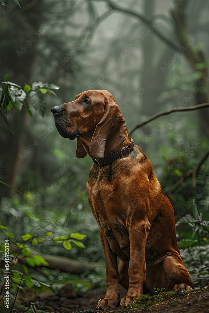 Bloodhound standing majestically in woodland, side profile, dense foliage, stream, morning light. Bloodhound standing majestically in woodland, side profile, dense foliage, stream, morning light.